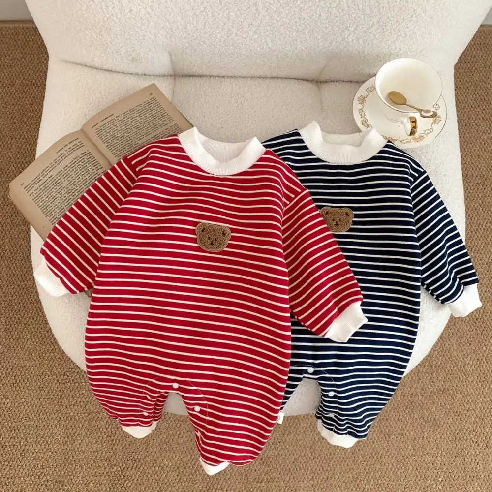 

2023 Infant Cotton Romper Baby Boy Cartoon Stripe Jumpsuit Newborn Long Sleeve Cute Bear Romper Toddler Girl Clothes for 0-3Y