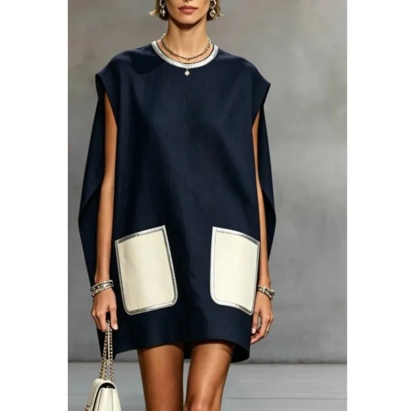 Summer 2026 Women's Mini Dress Oversize Sleeveless Round Neck Spliced Bat T-Shirt Color Block Elegant Vacation Short Dresses