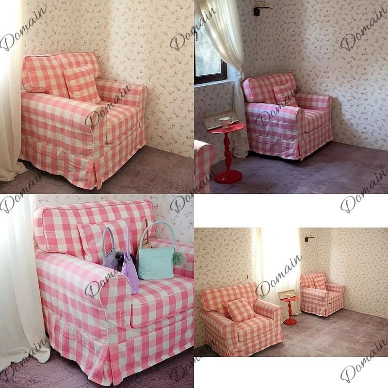 Modern simple pink and white plaid single sofa fully disassembled and washed French style home sofa