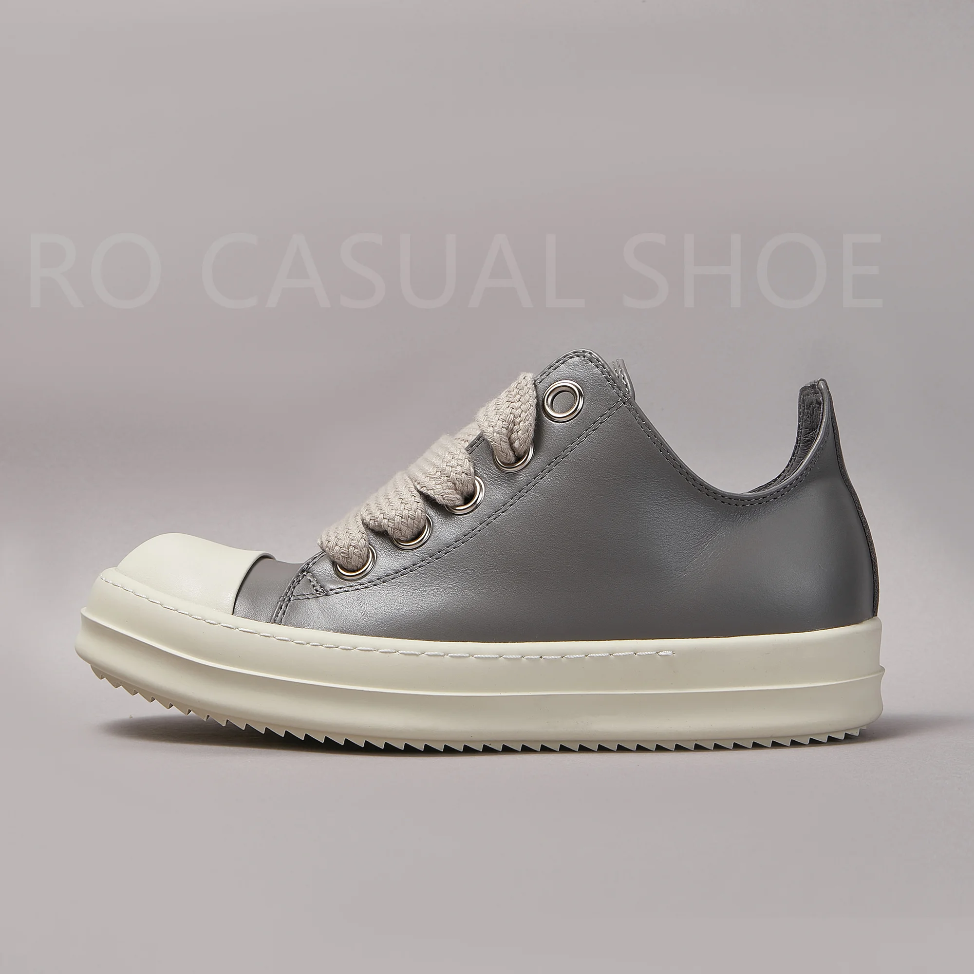 Ricks Genious Grey Leather Jumbo Lace Low Top Owens Quality Men Shoe Women Sneaker Casual Lace Up Owens Design boots & Shoes