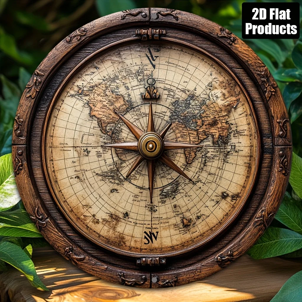 2D Flat - Old Ocean World Map Aluminum Coated Mural | 8X8 Inch Round Decorative Plaque with Compass Flower, Suitable for Home, B