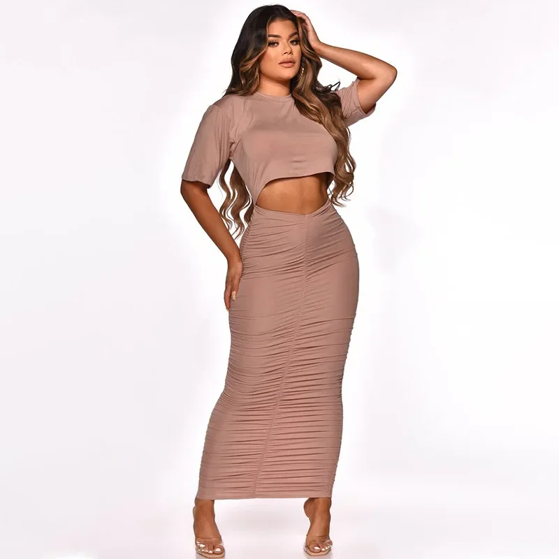 Solid Rib Knitt Two Piece Dress Sets Women O-Neck Short Sleeve Crop Top High Waist Stretch Bodycon Maxi Skirts Club Party Suits