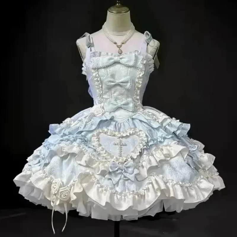 

Y2K Bow Dresses Midi Dresses Flower Dresses Princess JK Lolita Sweet Neck Tie Lace Layering A-line Skirt Girl Party Dresses New