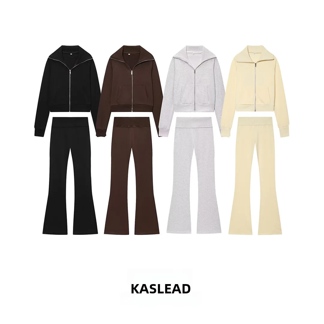 KASLEAD Women's Fashion Set High Waist Long Pants Fluffy Zipper Collar Jacket Summer Warmth Style Two-Piece Suit Chinese Origin