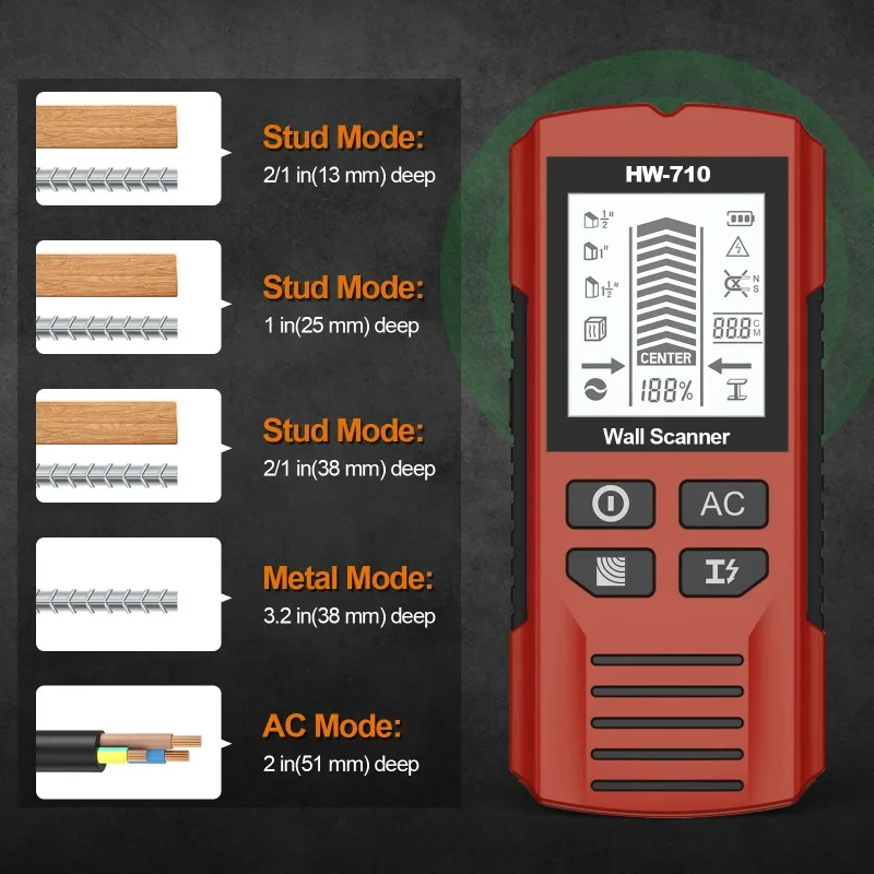 HW-710 Multi-functional Stud Finder Wall Scanner AC Cable Wires Depth Tracker Wall Metal Detector Electronic Wood Finder