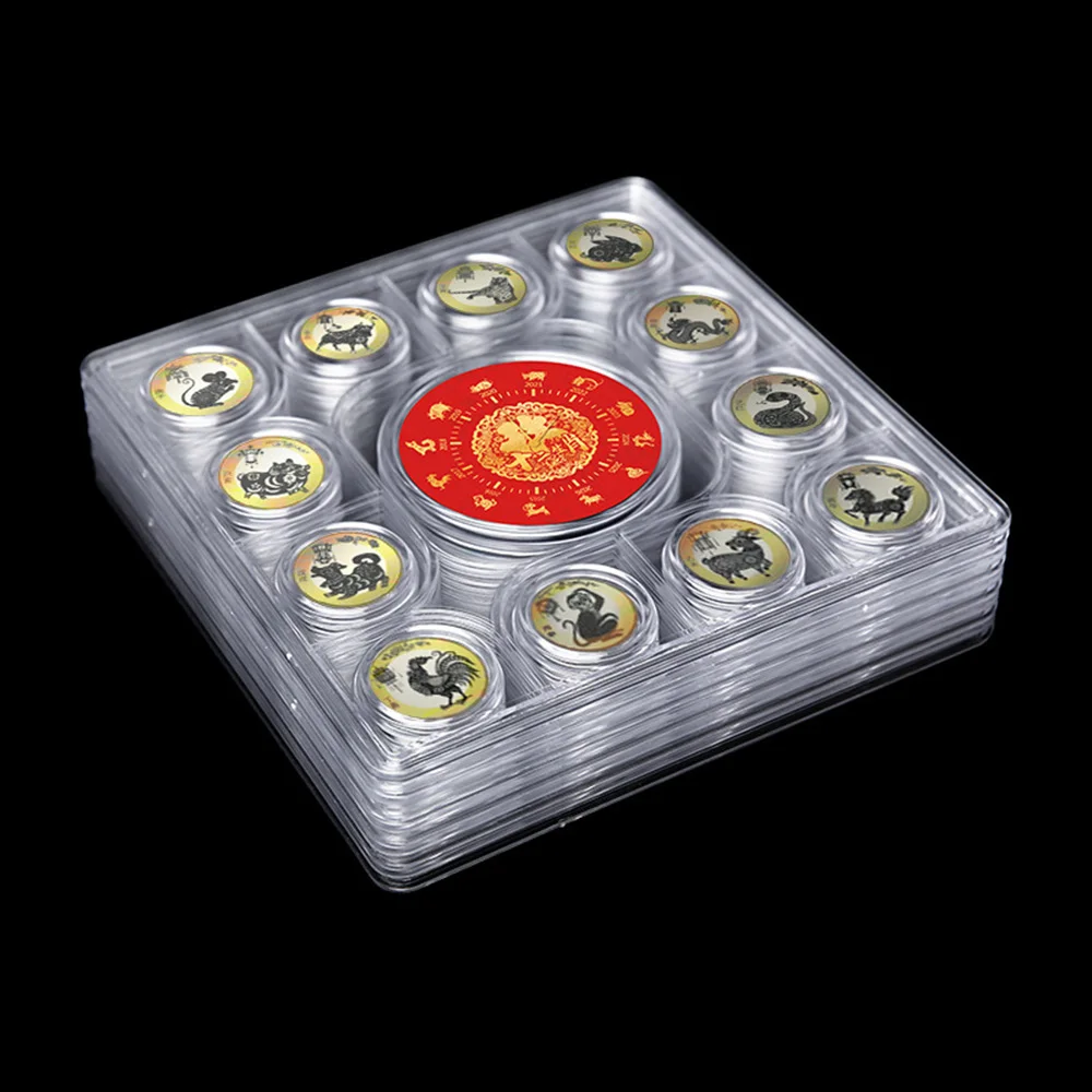 Commemorative Coin Collection Box Storage Box Plastic Zodiac Commemorative Protection Square Box Holder Round Storage Box