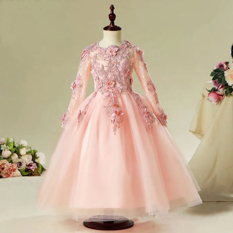 

Fluffy Lace Pink Flower Girl Dresses For Wedding Long Sleeve Beaded Floral Baby Girl First Communion Baptism Gown For Princess