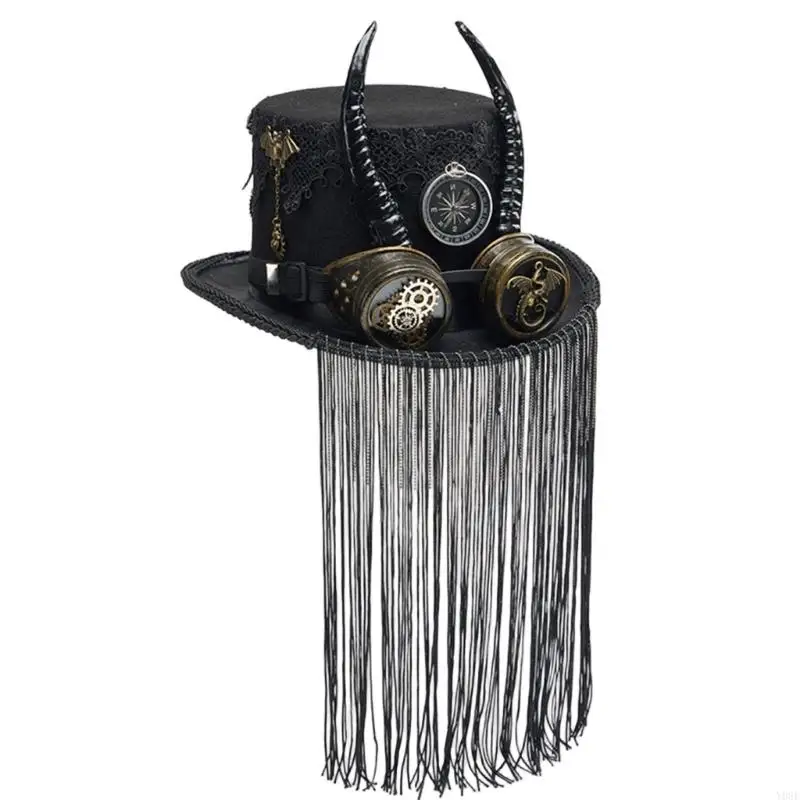 Steampunks Goggle Mit Fransen Dekoration Ziege Horn Kappe Top Cap Kopfbedeckung Für Cosplay Outdoor Event Y08E – Detail 4