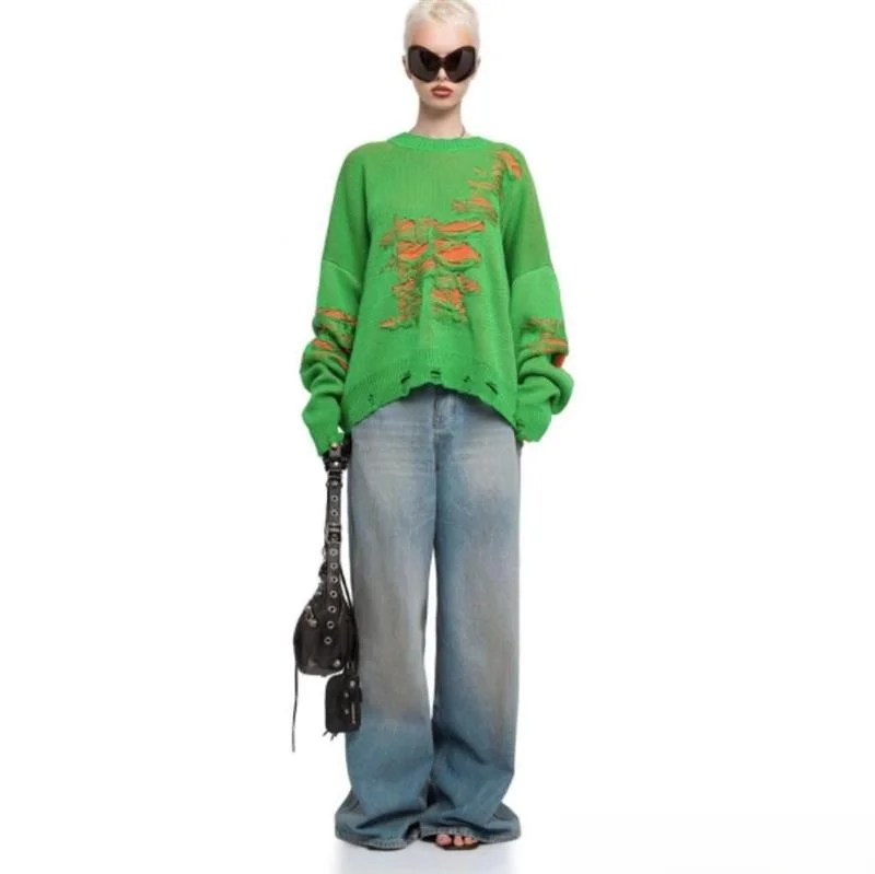 

Loose Women's Casual Sweater Organic Cotton Street Sle Long Sve T-irt Color Blo Hole Design Comfortable Sweater