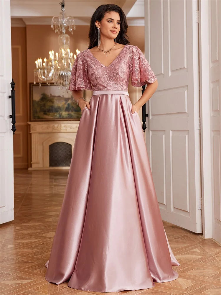 Lucyinlove Elegant Short Sleeve Pink Satin Formal Evening Dress Luxury Long Women Mermaid Wedding Party Dress Cocktail Prom