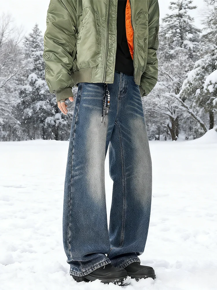 

Мужские джинсы в стиле ретро, синие, с эффектом потертости, на меховой подкладке, прямые, с высокой талией, широкие штанины, повседневные