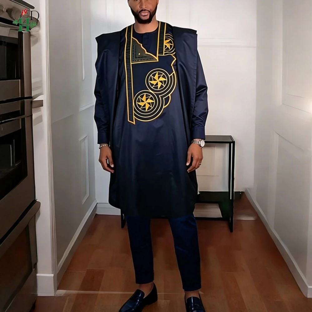 

H&D African Clothing For Man Traditional Agbada Sets 2PCS Black Bazin Riche Shirt Pant Embroidery Wedding Party Suits Plus Size