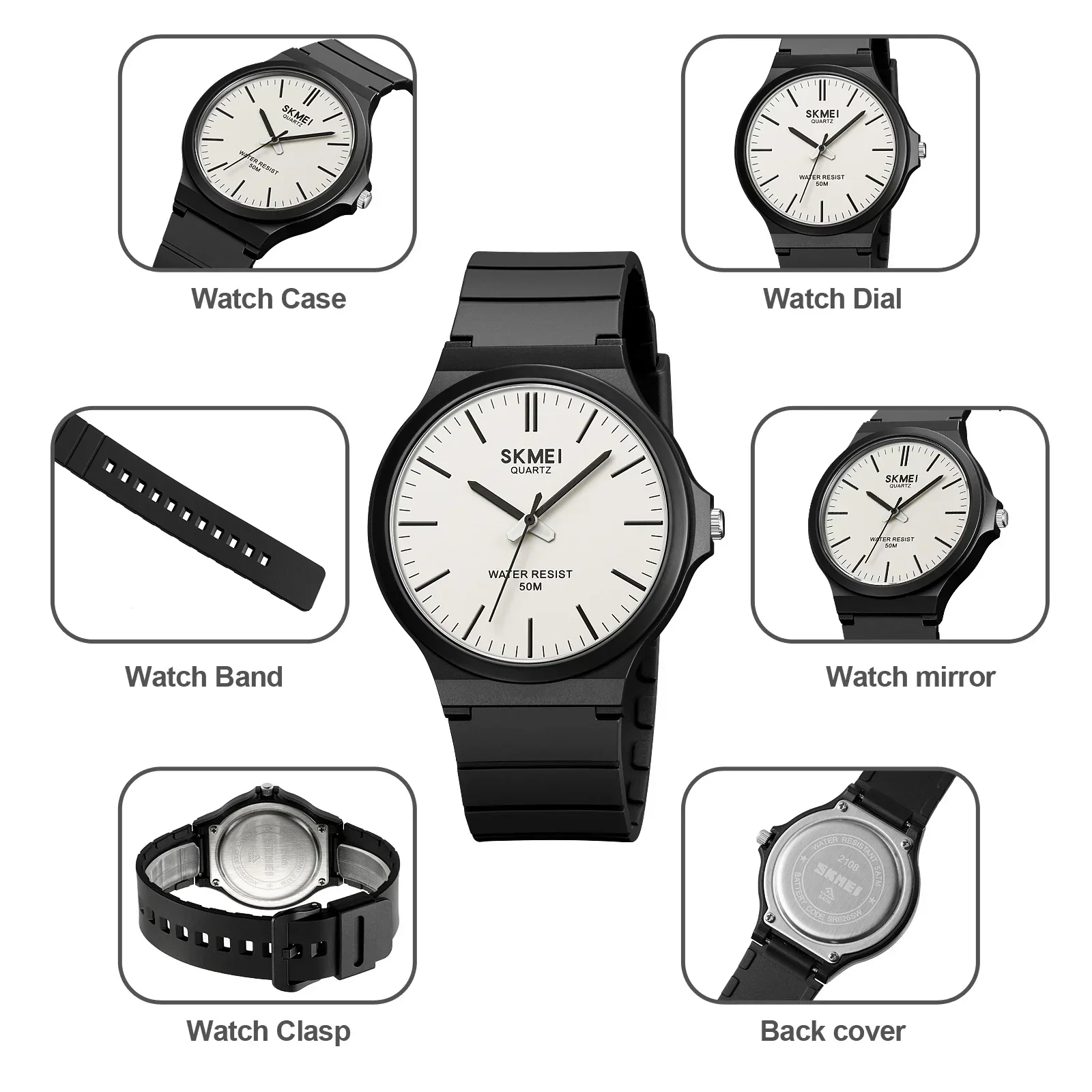 SKMEI-Montres étanches pour hommes, montres-bracelets à quartz décontractées, horloge simple, bracelet en TPU, 3 bars, nouveau, 2108