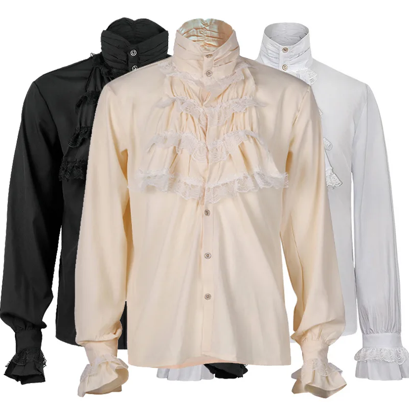 Europese Amerikaanse gotische blouse met opstaande kraag en lange mouwen en stropdas met geplooide manchetten