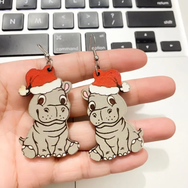 1 Pair Wooden Christmas Hat Hippopotamus Pendants Earrings For Women Animal Ear Rings Jewelry Festival Gifts