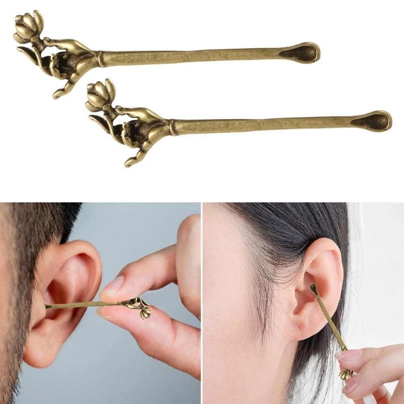 

2 Pieces Retro Ear Pick Guanyin Hand Lotus Ear Spoon Ear Wax Removal Tool Hand Ear for Ear Cleaning