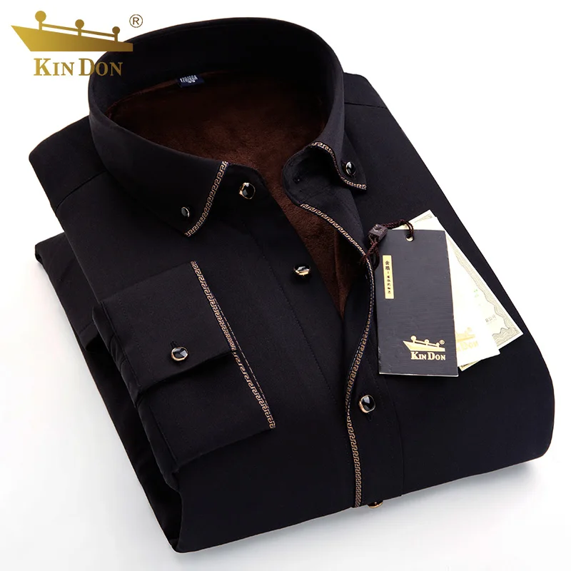 2022 Winter Men\'s Velvet Warm Long -sleeved Shirts Male Gold Edge Slim -fitting Business Leisure Thick Fleece Lined Shirt Sales