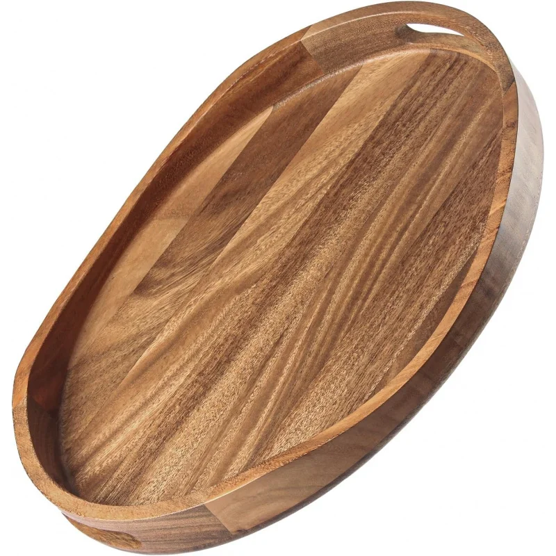 

Acacia Wood Handle Serving Tray | 17"x13" Round Decorative Ottoman Tray - Living Room/Coffee Table/Breakfast/Candle