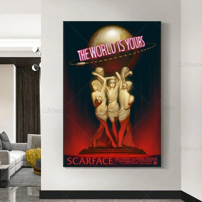 Affiches et impressions sur toile de peinture à l'huile psychédélique rétro Scarface « The World Is Yours », art mural pour le salon
