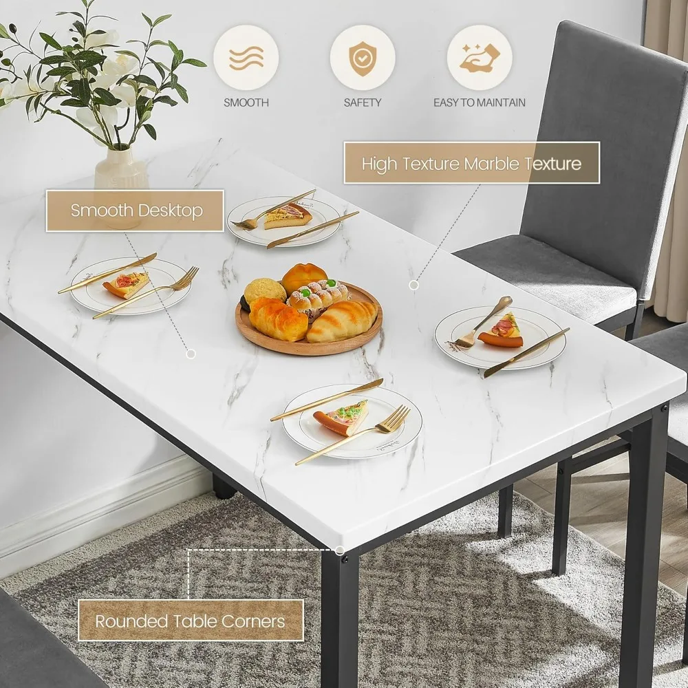 Dining Table Set for 4,Faux Marble Kitchen Table,Kitchen Table Chairs Set with Velvet Chairs,Bench with Storage Net for Dining R