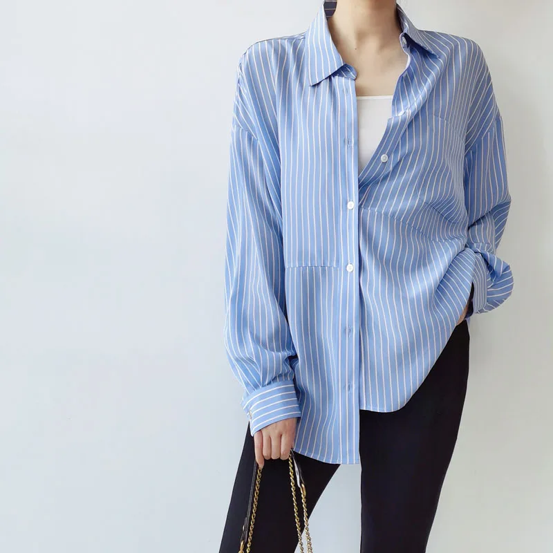 

New Exquisite Blue and White Striped Printed Long-sleeved Silk Shirt Tie Buckle Loose Mulberry Silk Blouses Women Tops
