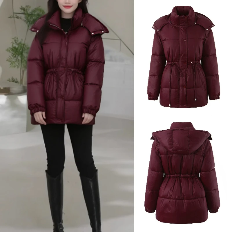 

Осень/зима 2025 г., новая модная элегантная расширенная теплая хлопковая куртка средней длины с капюшоном и застежкой-молнией на шнурке