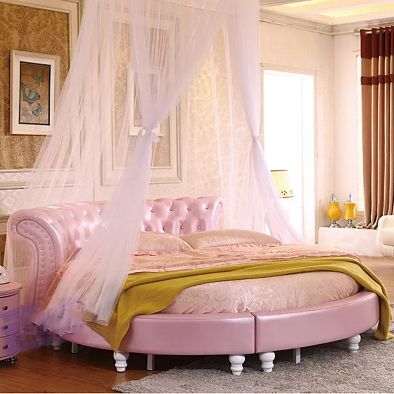 White wooden double large round bed Luxury Princess Sleep bedding leather design Nordic furniture camas dormitorio muebles