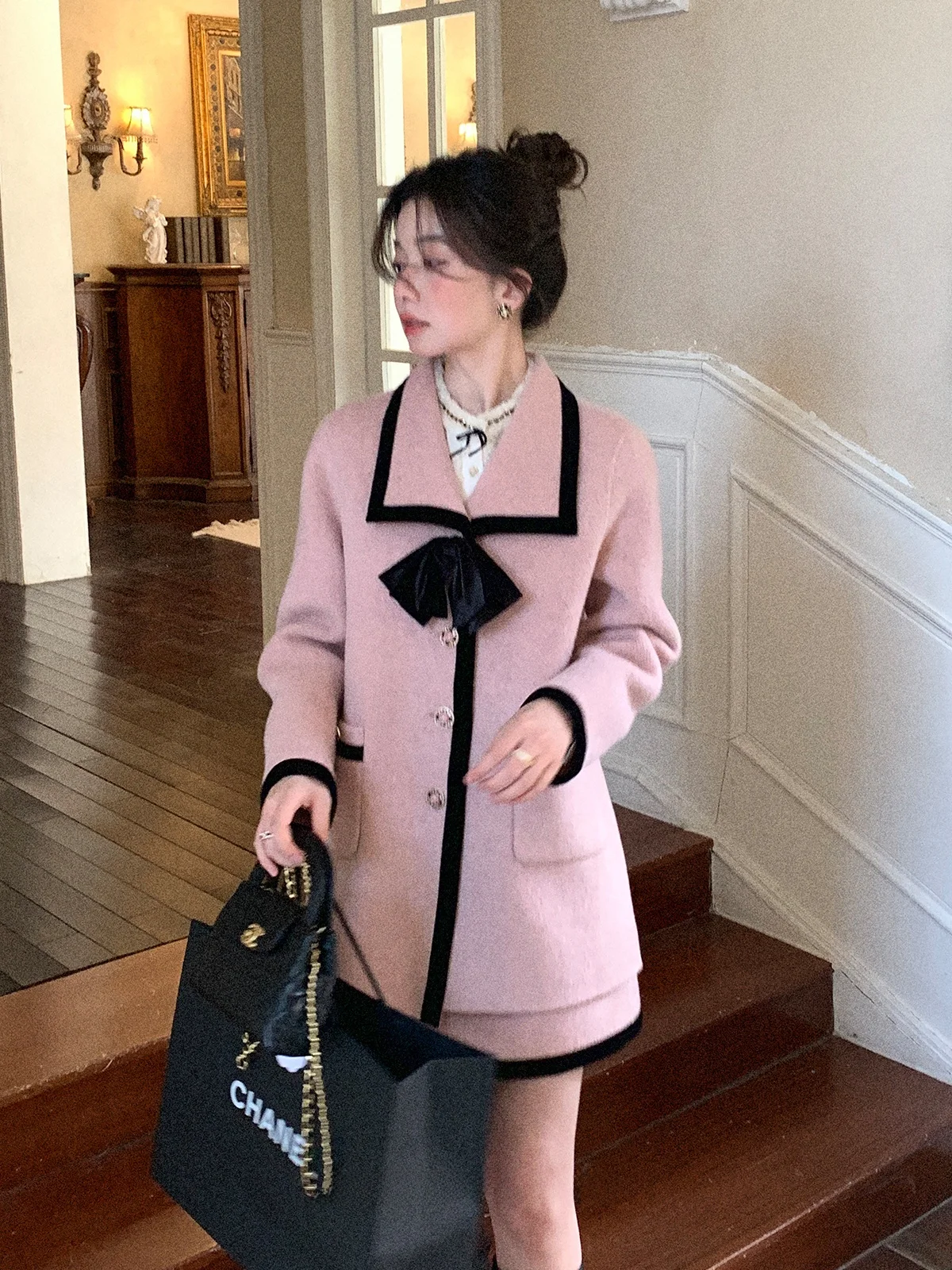

Double-Sided Woolen Pink Coat for Women ort Sle Vintage Loose Fit Warm High Waist round Hem Casual Daily Wear Myl05500