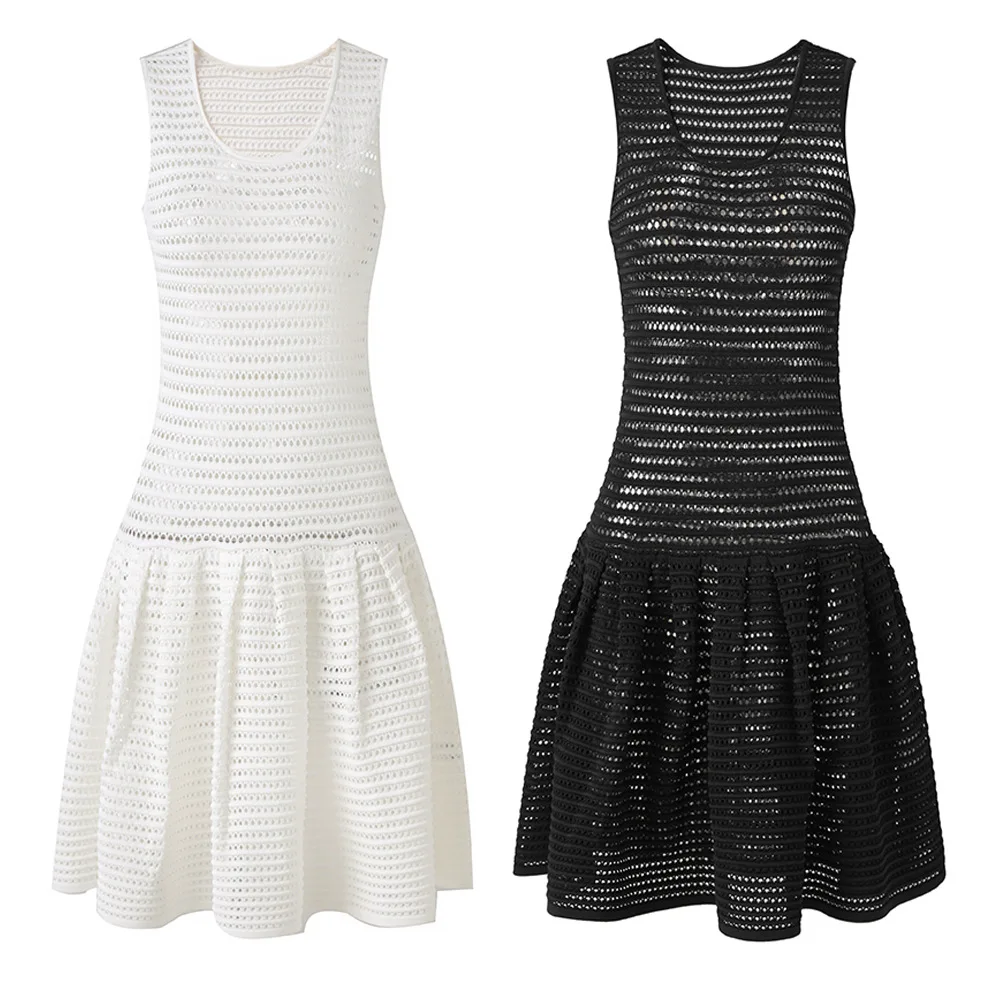 personalizzato Spot temperamento socialite nero sexy scava fuori senza maniche gonna a ombrello lavorata a maglia di media lunghezza 2025 nuovo abito di nicchia