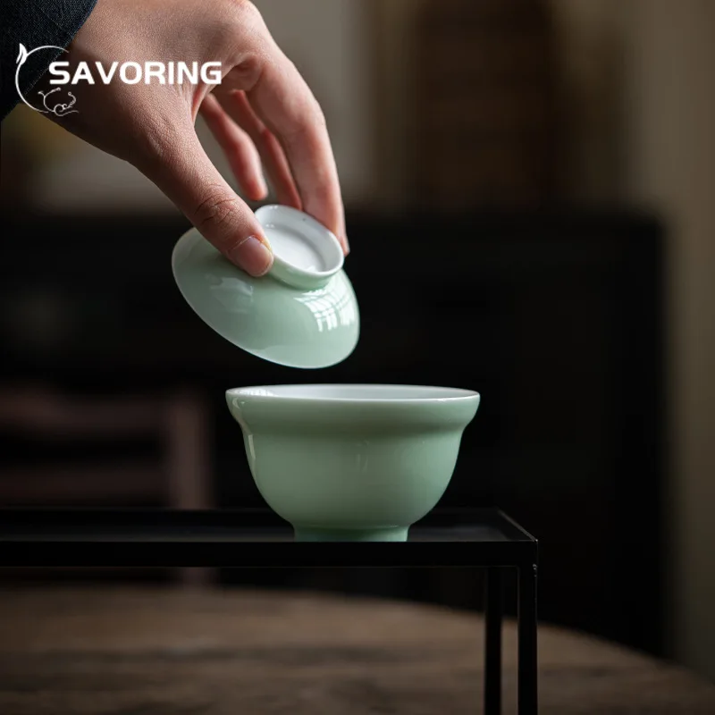 150ml Handmade Pea Green Ceramic Cover Bowl Retro Gourd Small Tea Bowl Scholar Tea Making Gaiwan Kung Fu Tea Set Accessories