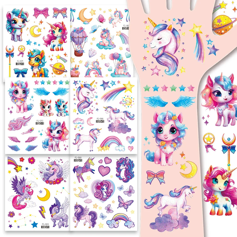 6 Sheets Glitter Unicorn Temporary Tattoos, Bling-Bling Shiny Rainbow Unicorn Stickers, Ideal for Sleepovers & Birthday Party Supplies