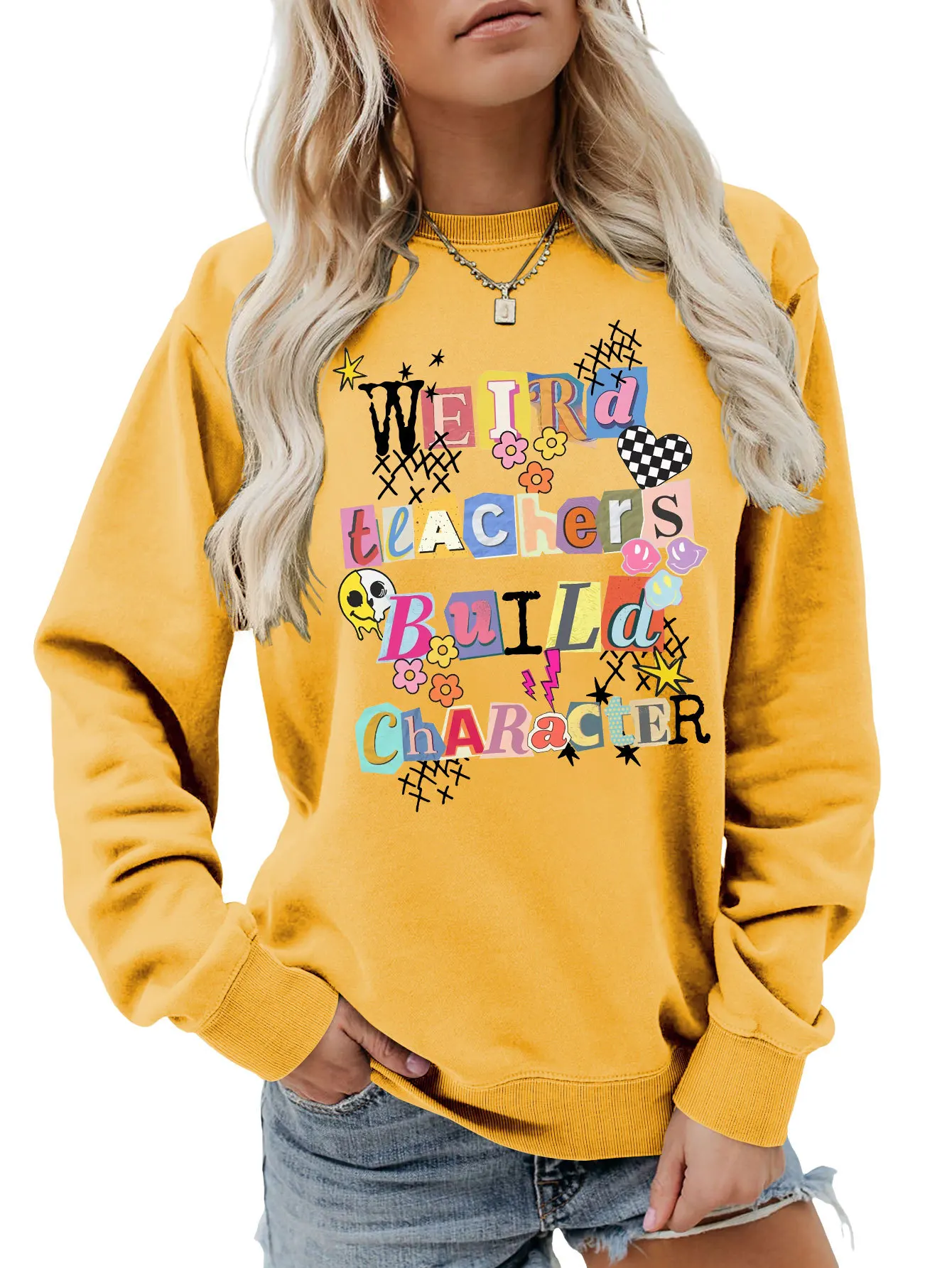 Autumn new long-sleeved casual T-shirt hoodie weird teachers build printed loose crew neck ladies top with all fashion pullover