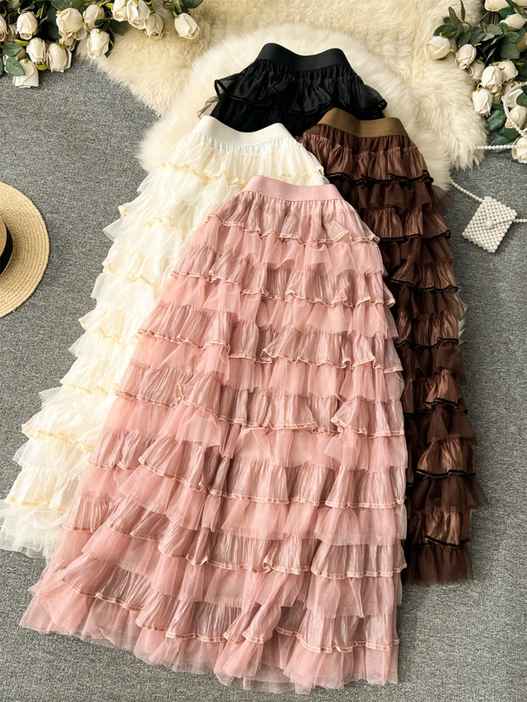 Croysier New Skirt 2024 Fall Winter Clothes Women Sweet Tiered Ball Gown Mesh Skirt High Waist Elegant Casual Party Long Skirts