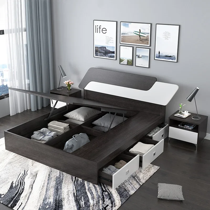 Modern Bedroom Furniture Multifunction Storage Bed Multifunctional Solid Wood Queen Storage Soft Family Bed Designer