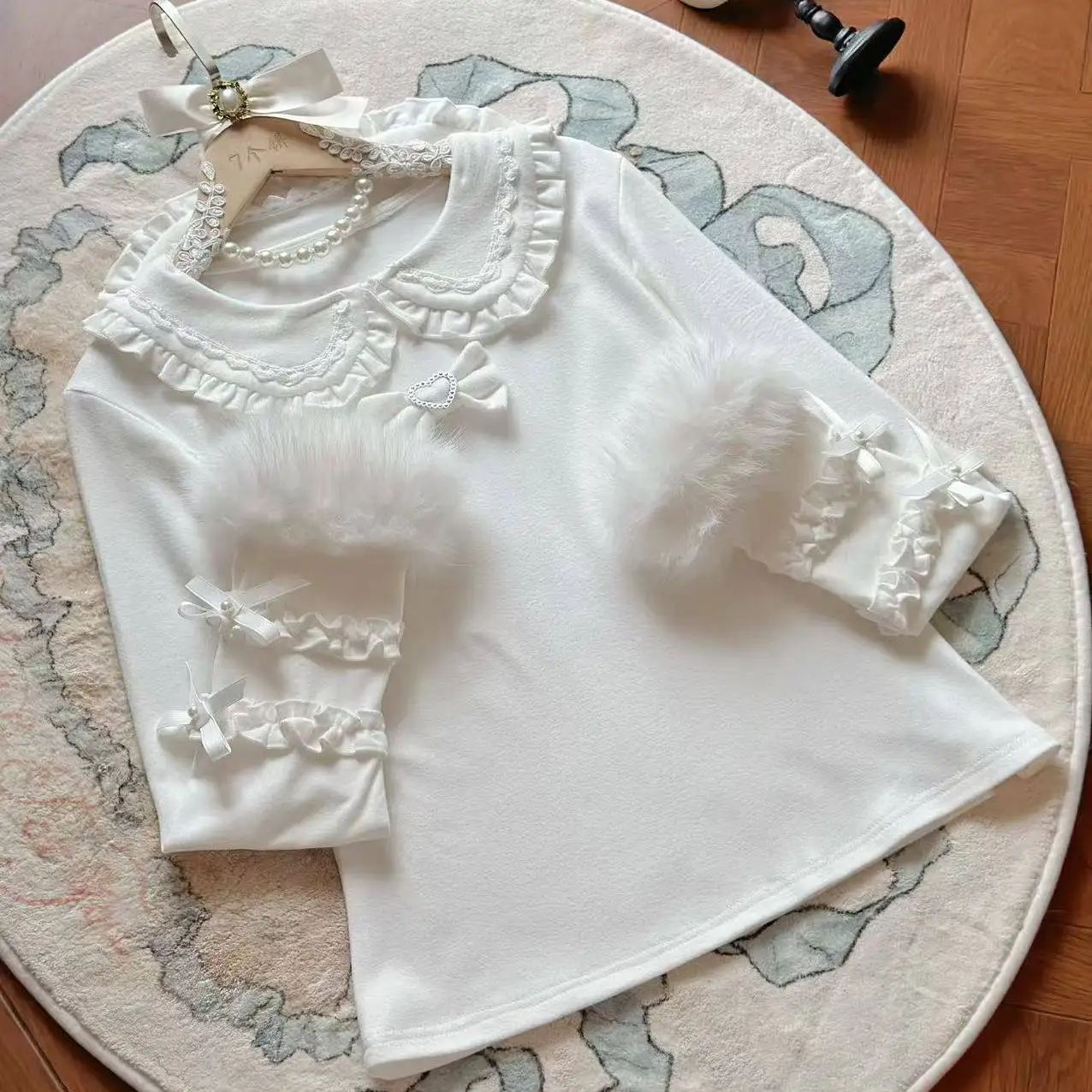 

Japanese Sweet Lolita Soft Girl Women Doll Collar Lace Ruffle Fuzzy Trim Bow Long Sleeve Winter Inner Blouse Kawaii Cute Top New