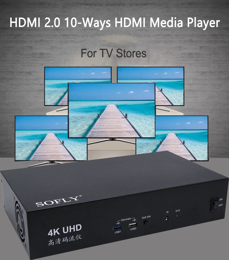 H.265 4K 60HZ Ultra HD Video Streamer 10 Ways HDMI 2.0 Multimedia Player HDMI Splitter USB 3.0 Flash Disk Player for TV Stores