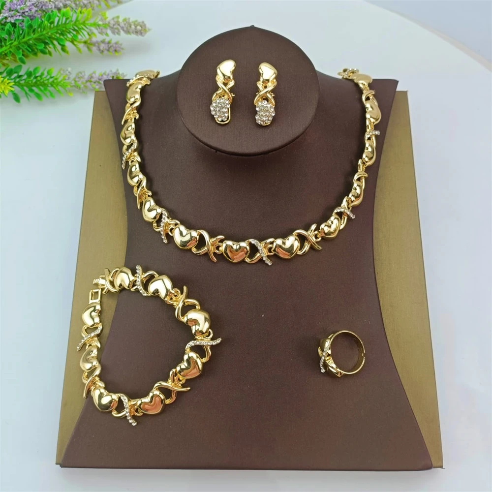 EMMA Women XOXO Jewelry Set Gold Plated Heart Necklace Bride Rhinestone Wedding Necklace Earrings Bracelet Ring Set Gift