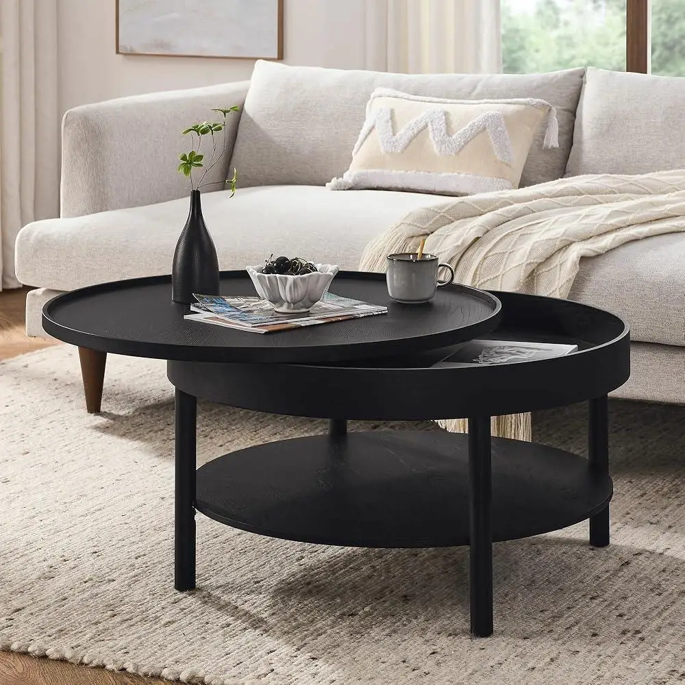 Modern Circular Coffee Table 3-Layer Storage Rotating Top Living Room Tea Table Rubber Wood Design Functional Home Furniture