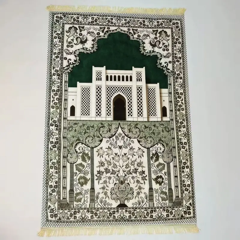 VIKAMA Foldable Portable Muslim Prayer Mat, Classic Fresh Green Tone Halal Mosque Floral Worship Mat for Home Decoration