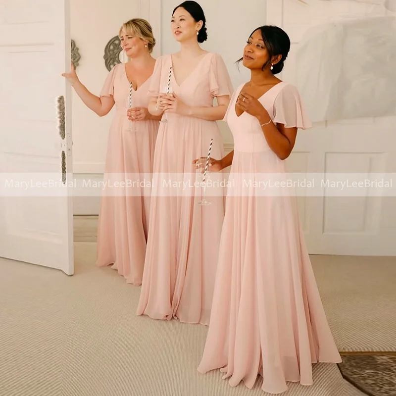 Flesh Pink Chiffon Bridesmaid Dresses with Short Sleeves Simple V-neck Formal Wedding Guest Dress Women Party Gowns Customized
