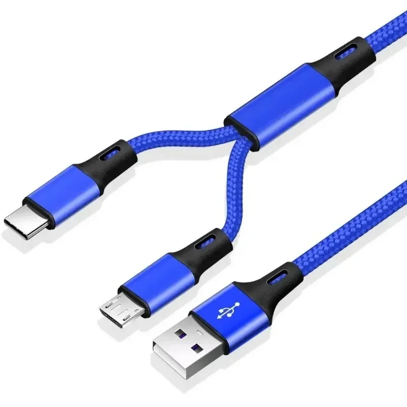 1pcs 2 In 1 USB Cable Type C Cables Fast Charge Charger Cable Tablet Phone Charge Cord 2in1 Nylon Braided Mobile Android Wires