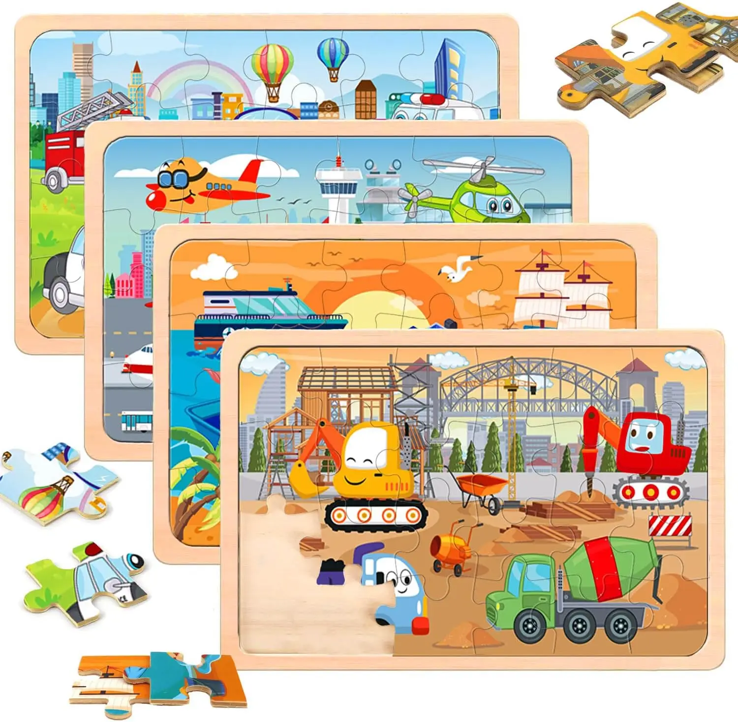 

24-Piece Wooden Puzzles for Kids Ages 3-8, 4 Pack Car Boat Plane Construction Jigsaw Toys