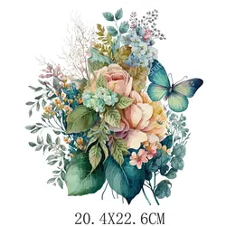 20.4x22.6cm Colorful Flower Butterfly Iron On Patches For DIY Heat Transfer Clothes Thermal Stickers Decoration Printing