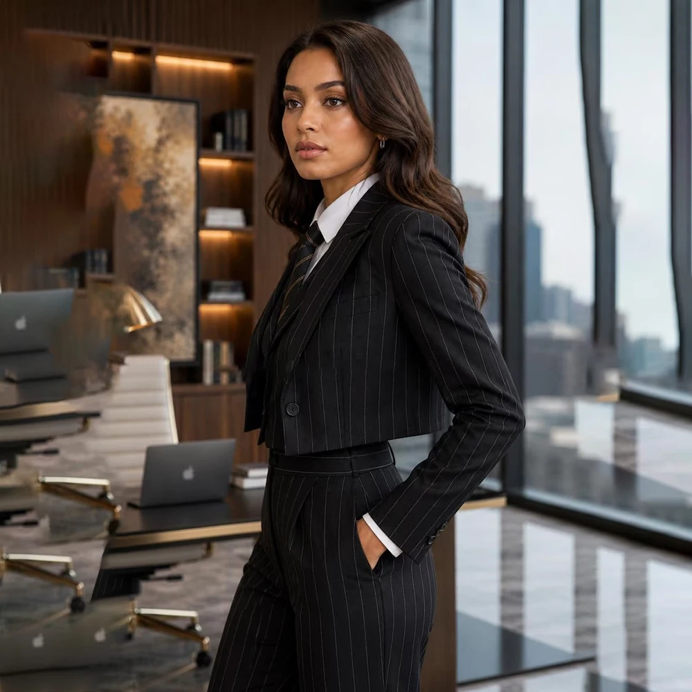 Cropped Black Stripe Women's Suits Fashion One-Button Blazer High Quality 2 Piece Jacket Pants Business Female Clothing