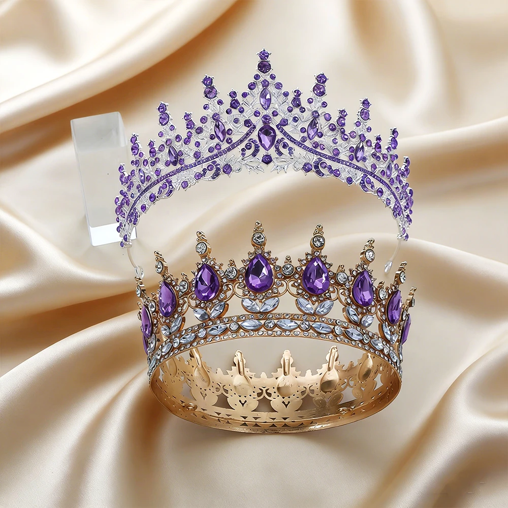 2Pcs Luxury Purple Amethyst Baroque Crown Set Tiara Gold Full Round Crown Clear Rhinestones Regal Bridal Headwear Weddings Proms view 4