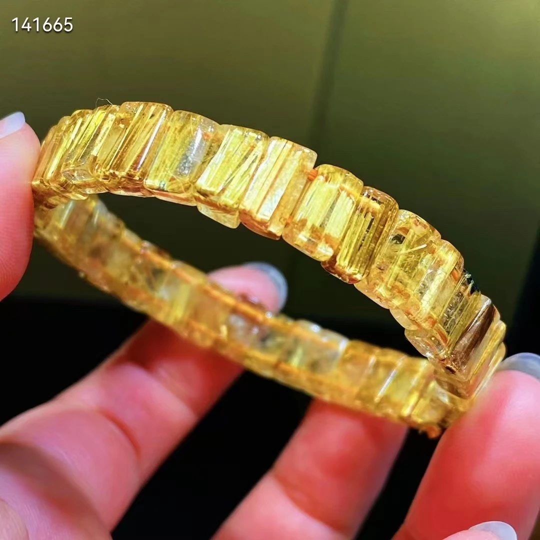 Genuine Natural Gold Rutilated Quartz Flower Bracelet Bangle 8.5x6mm Woman Men Brazil Clear Rectangle Beads Wealthy Stone AAAAAA