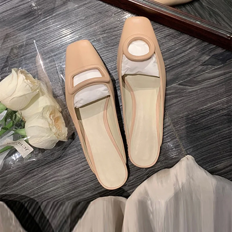 Baotou Half Slippers Women's Summer Leather Versatile, Asymmetric Loop Buckle, Low Heel, Square Head Cool Slippers