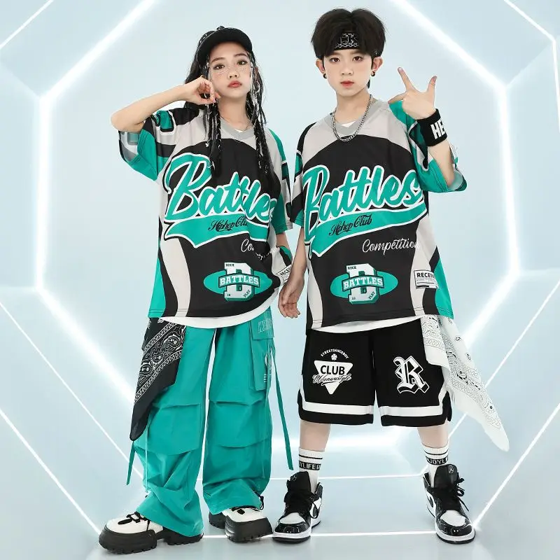 2024 Kids Hip Hop Dance Costumes Blue Loose T-Shirts Cargo Pants Streetwear For Girls Boys Jazz Performance Stage Wear