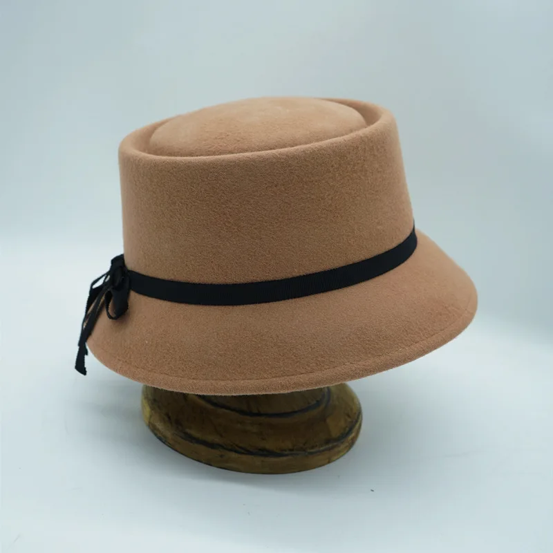 Retro Styl Wide Brim Fedora Floppy Pork Pie Wool Bucket Hat Felt Dress Hat Camel Winter Hat Black Ribbon Bow Ladies Church Hat