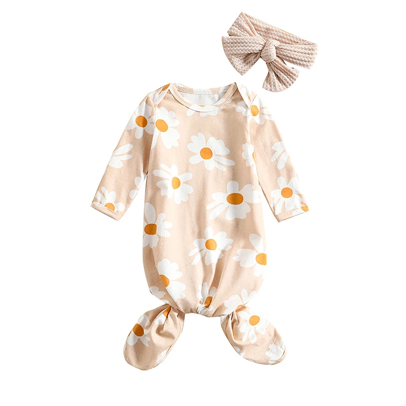 Newborn Baby Girl Sleep Sack Sets Long Sleeve Flower Printed O-Neck Sleeping Pocket Cute Headband Suits